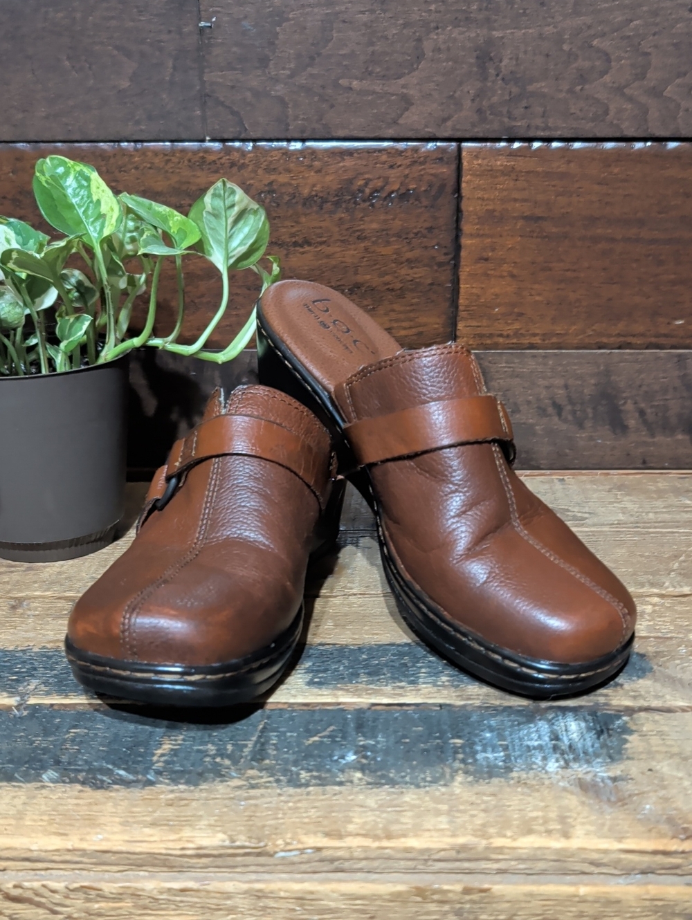 b.o.c Brown Leather Slip-On Clogs